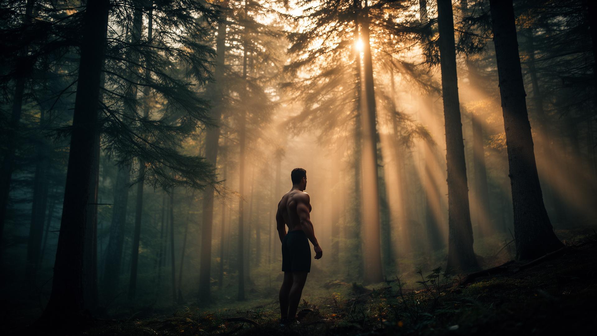 Athlete standing in a misty Swiss alpine forest at golden hour